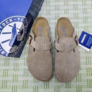 Women's Birkenstock Boston Clogs - Taupe Suede, Narrow Fit